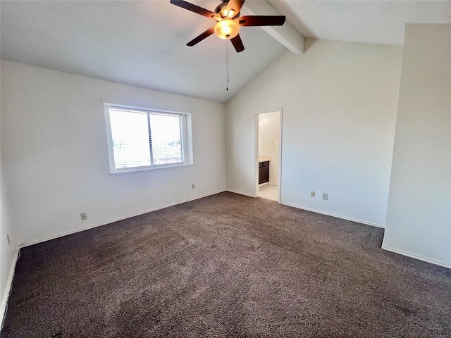 carpeted spare room with vaulted ceiling with beams and ceiling fan