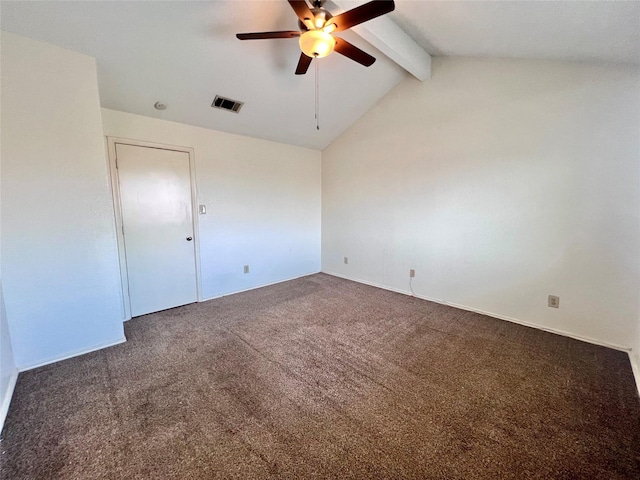 carpeted spare room with lofted ceiling with beams and ceiling fan