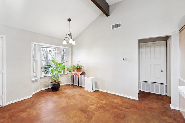 unfurnished dining area featuring beam ceiling, carpet, a chandelier, and high vaulted ceiling