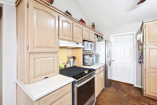 kitchen with ceiling fan, light brown cabinets, vaulted ceiling, and appliances with stainless steel finishes