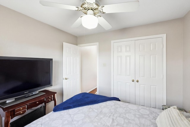 bedroom with ceiling fan and a closet