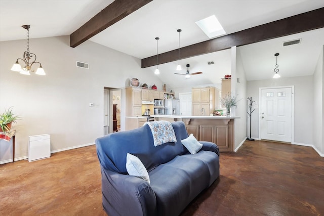 living room with ceiling fan with notable chandelier, beam ceiling, high vaulted ceiling, and concrete floors