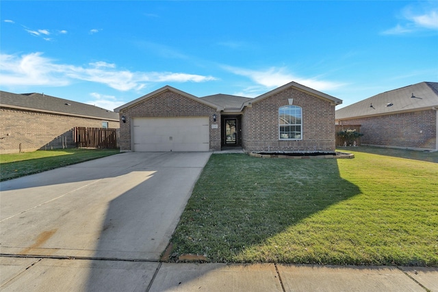 single story home featuring a front lawn and a garage