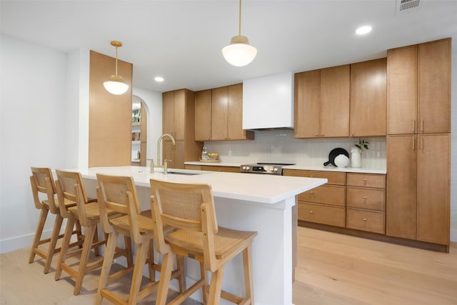 kitchen with custom exhaust hood, sink, light wood-type flooring, tasteful backsplash, and decorative light fixtures