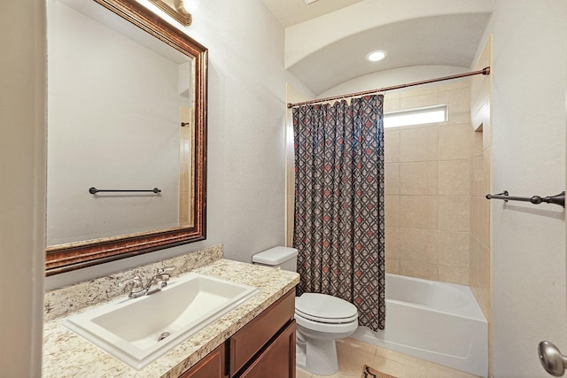 full bathroom featuring shower / bath combo, vanity, toilet, and tile patterned floors