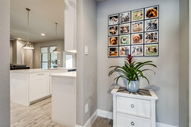 hallway featuring light hardwood / wood-style flooring and sink