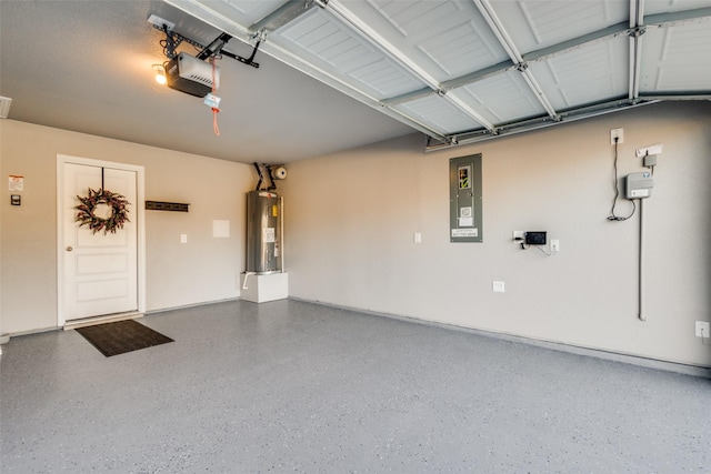 garage featuring electric panel, water heater, and a garage door opener