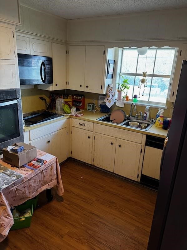 kitchen with dark wood-type flooring, oven, sink, a textured ceiling, and cooktop