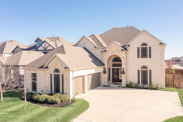 view of front of home featuring a front yard and a garage