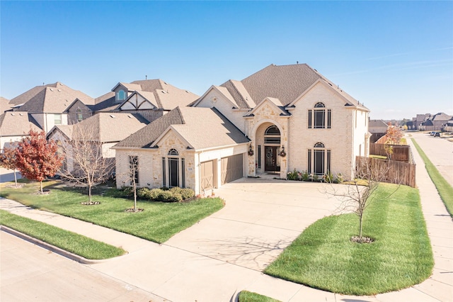 view of front of home featuring a front lawn, stone siding, fence, concrete driveway, and a garage