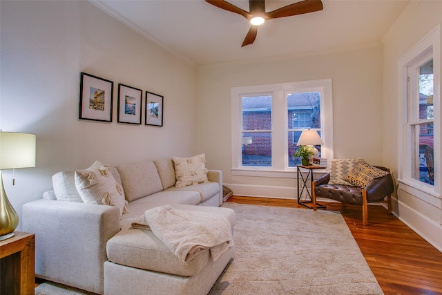 living room featuring ceiling fan, wood-type flooring, and crown molding