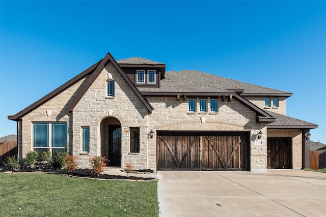 view of front of property featuring a garage and a front lawn