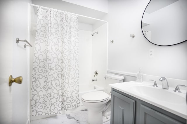 full bathroom featuring shower / bathtub combination with curtain, vanity, and toilet