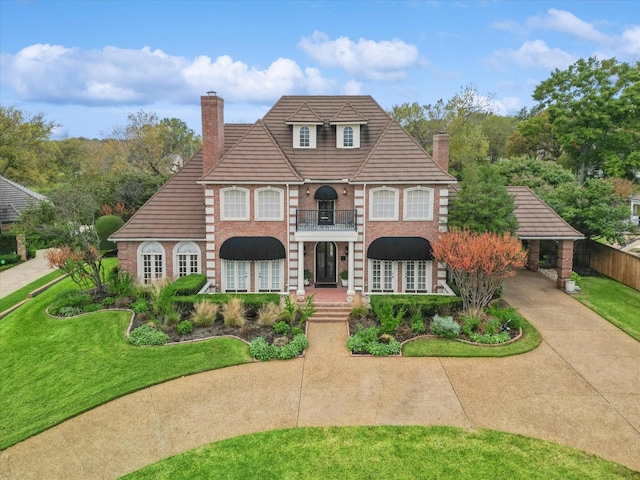 tudor-style house featuring a balcony and a front yard