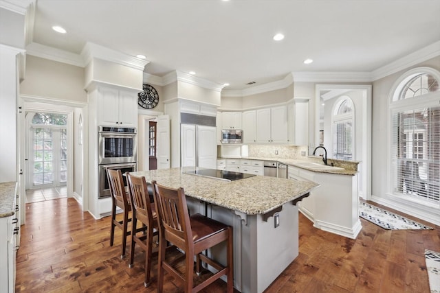 kitchen with built in appliances, dark hardwood / wood-style floors, a kitchen island, and sink