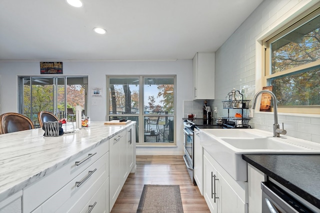 kitchen with white cabinets, sink, decorative backsplash, appliances with stainless steel finishes, and wood-type flooring