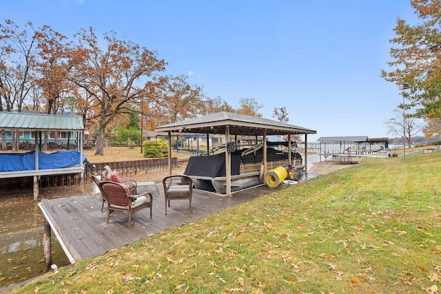 view of dock featuring a lawn