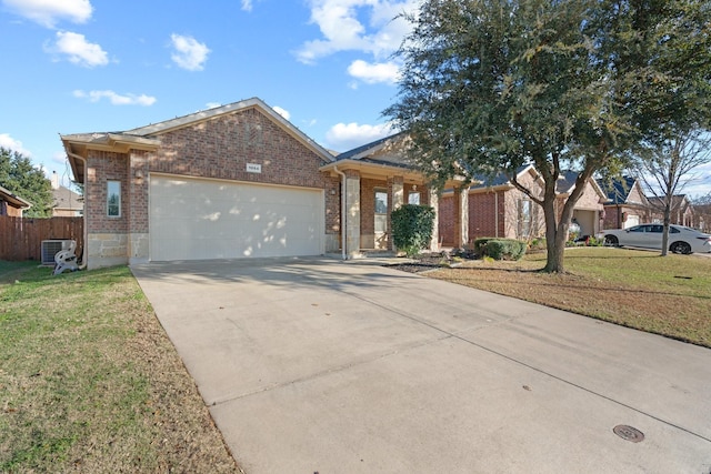 ranch-style house with a garage, central air condition unit, and a front lawn