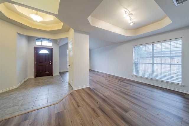 entryway with a raised ceiling and hardwood / wood-style floors