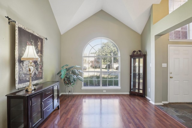 foyer entrance featuring dark hardwood / wood-style floors and high vaulted ceiling