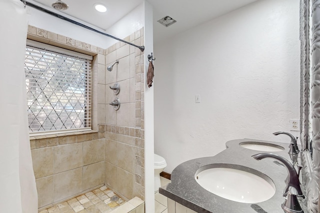 bathroom with toilet, sink, and a tile shower