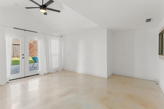 unfurnished room with ceiling fan, french doors, and lofted ceiling