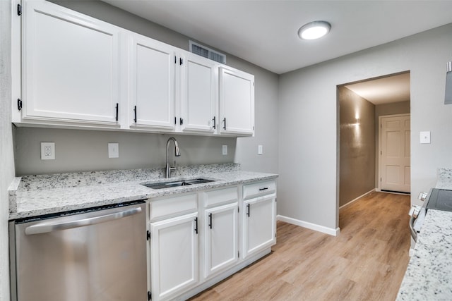 kitchen with dishwasher, white cabinets, light hardwood / wood-style flooring, and sink