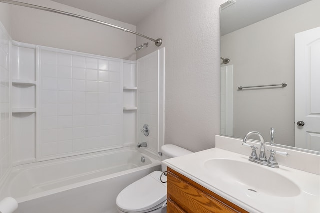 full bathroom with bathing tub / shower combination, vanity, and toilet