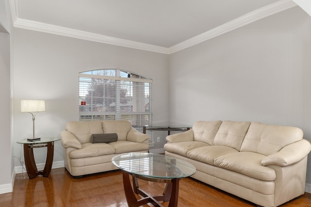 living room featuring hardwood / wood-style flooring and ornamental molding