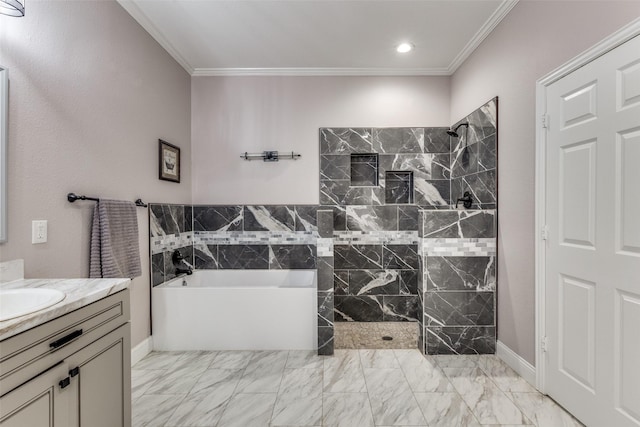 bathroom with vanity, crown molding, and plus walk in shower