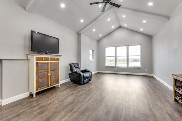 sitting room featuring beam ceiling, wood-type flooring, high vaulted ceiling, and ceiling fan