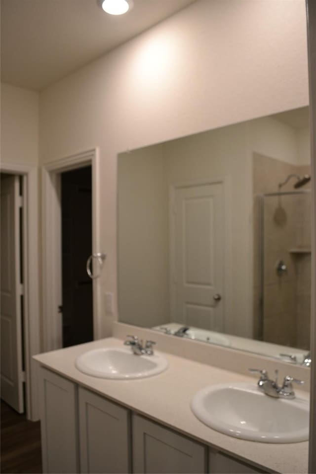 bathroom with a shower with door and vanity