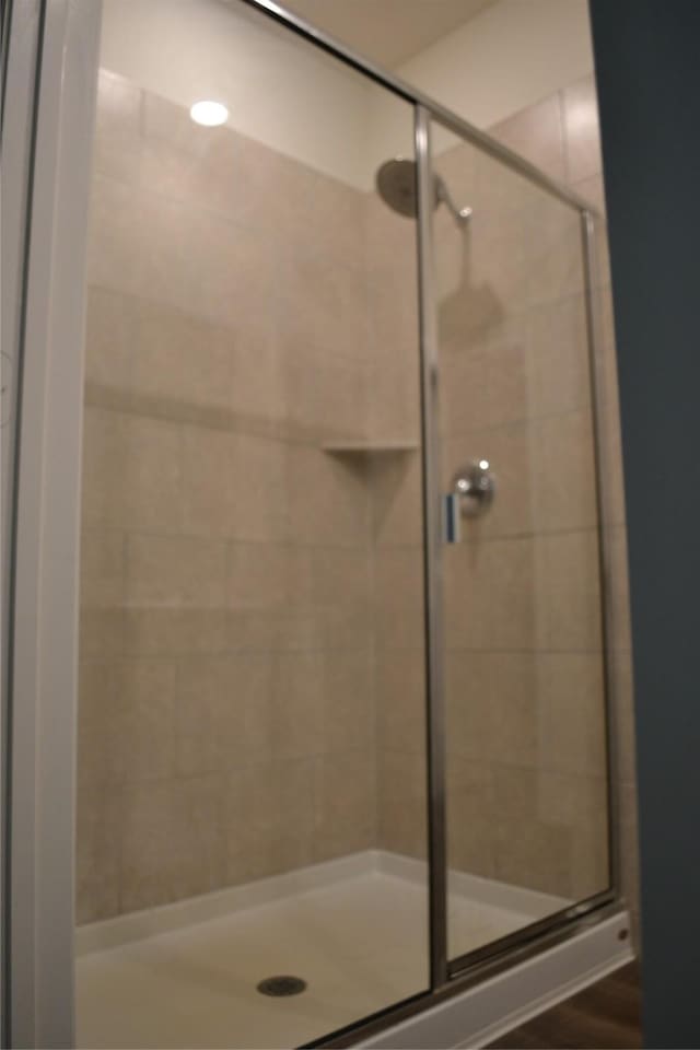 bathroom featuring a shower with shower door