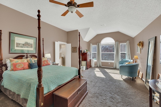 carpeted bedroom with ceiling fan, lofted ceiling, and a textured ceiling