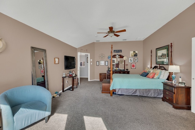 bedroom with ceiling fan, carpet, and lofted ceiling