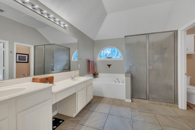 full bathroom featuring tile patterned flooring, a textured ceiling, shower with separate bathtub, vaulted ceiling, and toilet