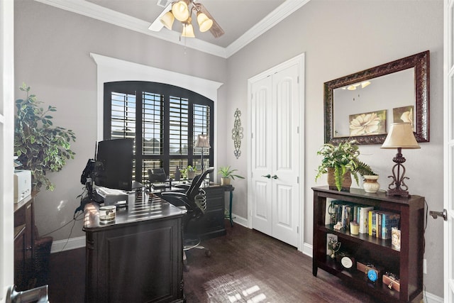 office with ceiling fan, crown molding, and dark hardwood / wood-style floors