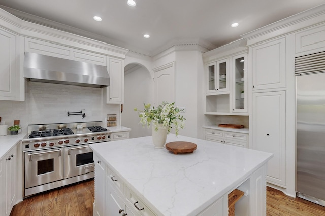 kitchen with premium appliances, white cabinetry, and exhaust hood