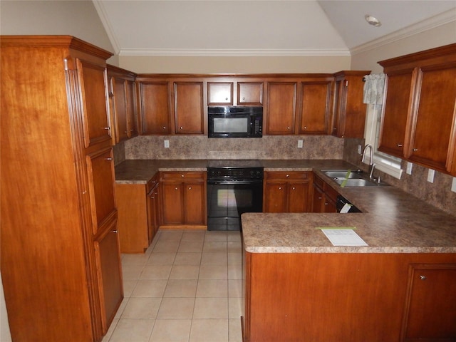 kitchen featuring sink, vaulted ceiling, light tile patterned floors, ornamental molding, and black appliances