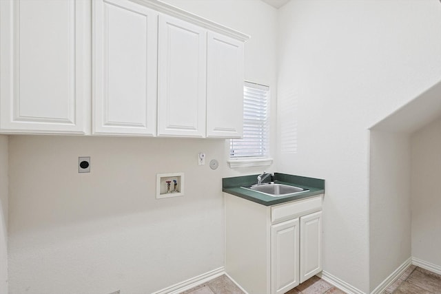 laundry area featuring electric dryer hookup, cabinets, gas dryer hookup, sink, and hookup for a washing machine