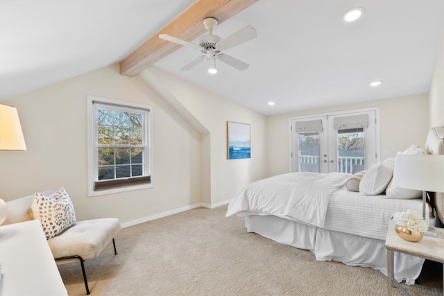 carpeted bedroom featuring lofted ceiling with beams, access to exterior, ceiling fan, and french doors