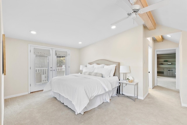 carpeted bedroom featuring access to exterior, french doors, vaulted ceiling with beams, and ceiling fan