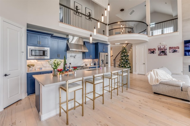 kitchen featuring appliances with stainless steel finishes, a breakfast bar area, blue cabinetry, a center island with sink, and wall chimney exhaust hood