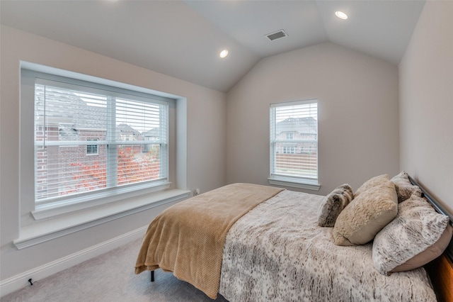 bedroom with lofted ceiling, multiple windows, and carpet flooring