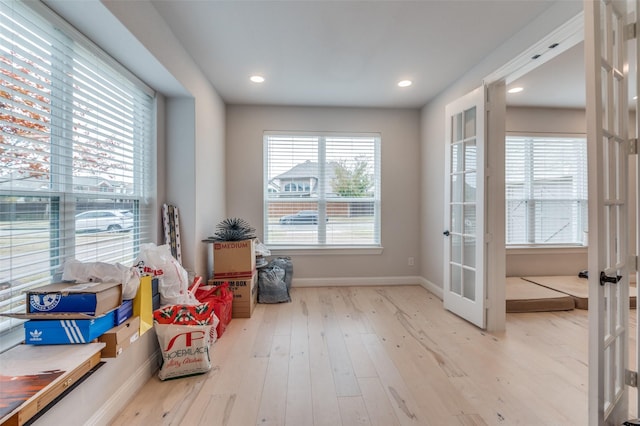 playroom featuring light hardwood / wood-style floors and french doors