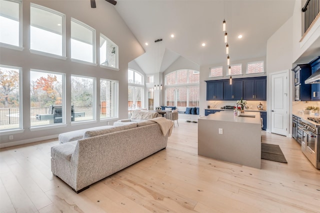 living room with light hardwood / wood-style flooring and high vaulted ceiling