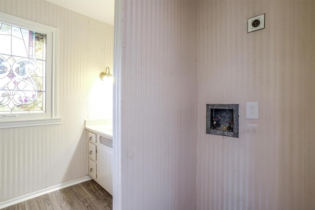 clothes washing area with hardwood / wood-style flooring, plenty of natural light, hookup for a washing machine, and electric dryer hookup