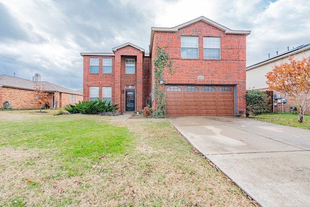 view of front property featuring a garage and a front lawn