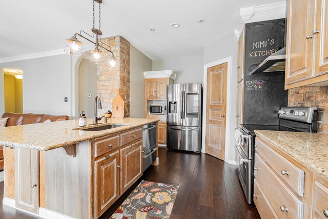 kitchen with stainless steel appliances, a kitchen island with sink, exhaust hood, sink, and dark hardwood / wood-style floors