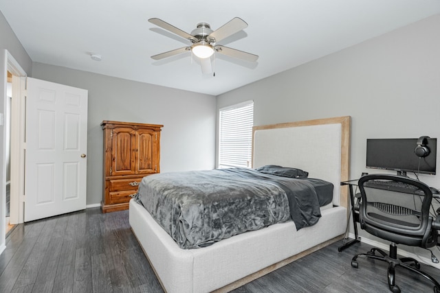 bedroom with ceiling fan and dark wood-type flooring